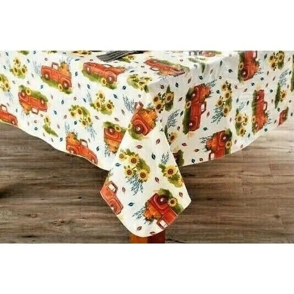Pumpkin Harvest Tablecloth Vintage Red Trucks 52 x 90-in PEVA Sunflowers Kitchen
